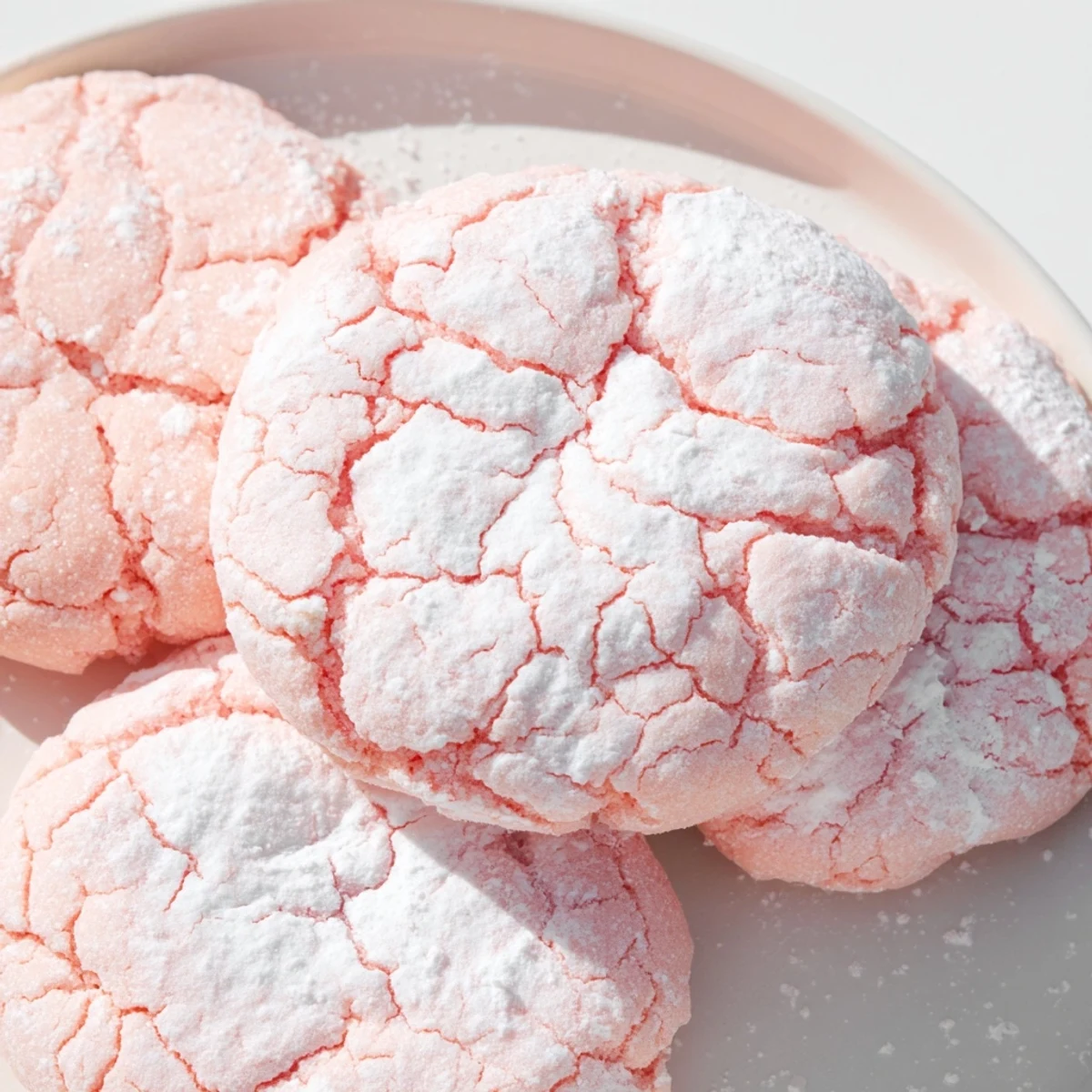 Colorful Springtime crinkle cookies in pink yellow and blue with delicate crinkle texture fresh from oven