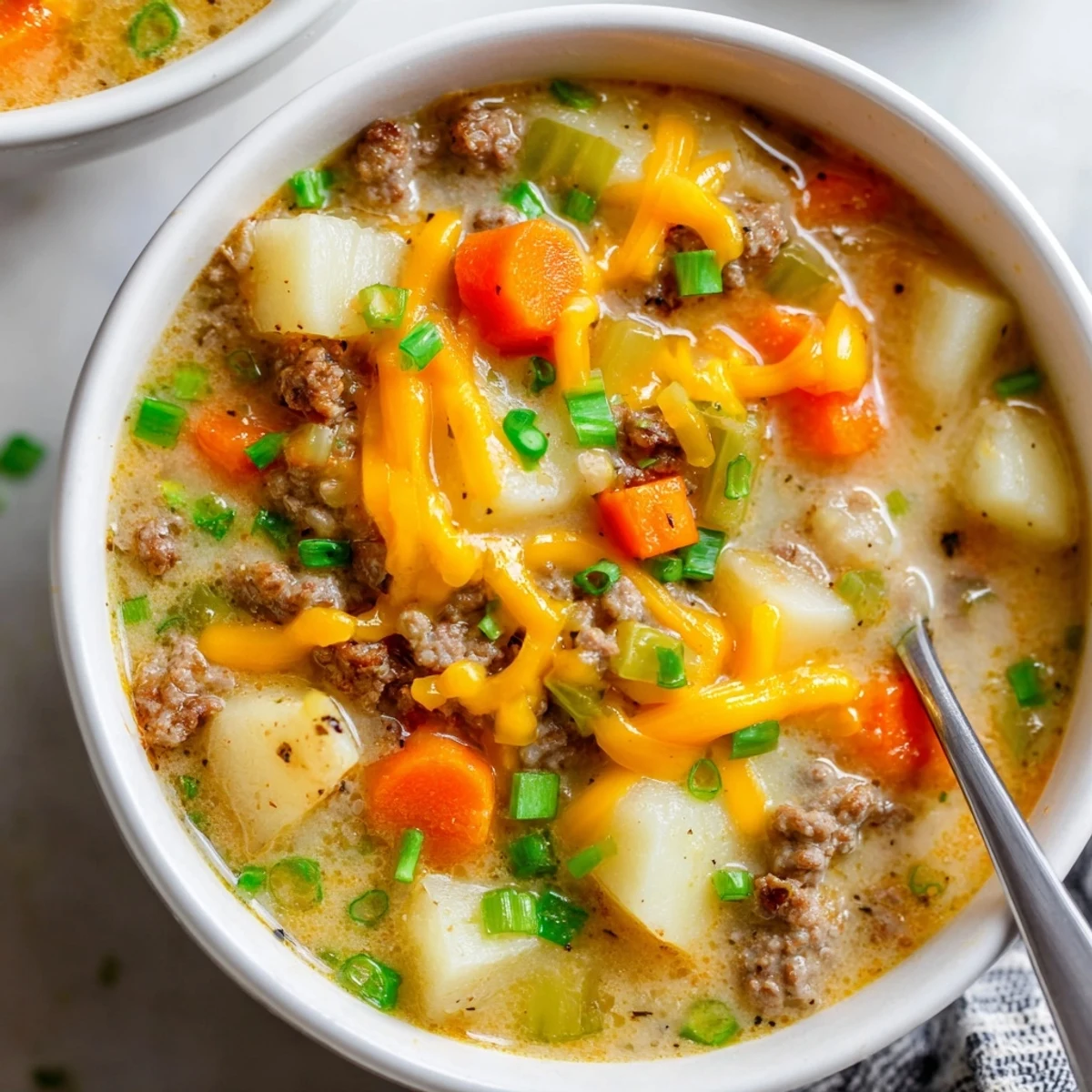 Slow cooker creamy potato hamburger soup with tender vegetables in rich broth