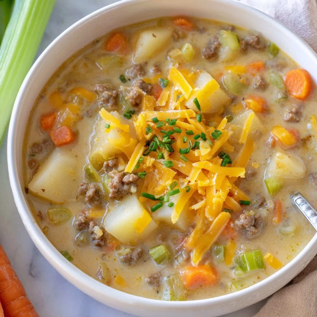 Bowl of Crockpot creamy potato hamburger soup topped with shredded cheddar cheese