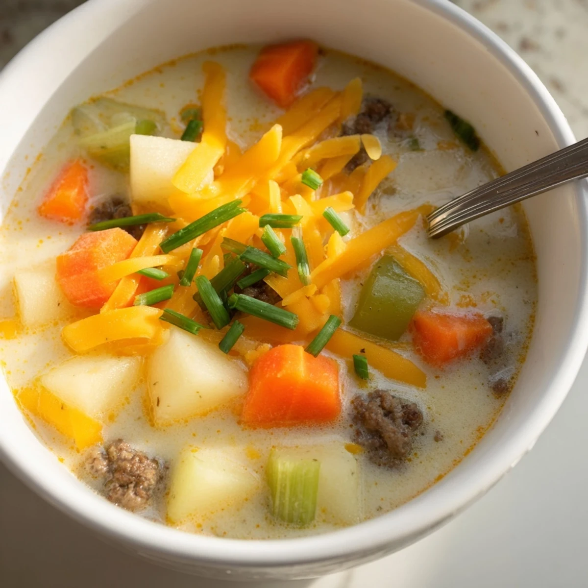 Hearty potato hamburger soup featuring ground beef and creamy broth garnished with chives