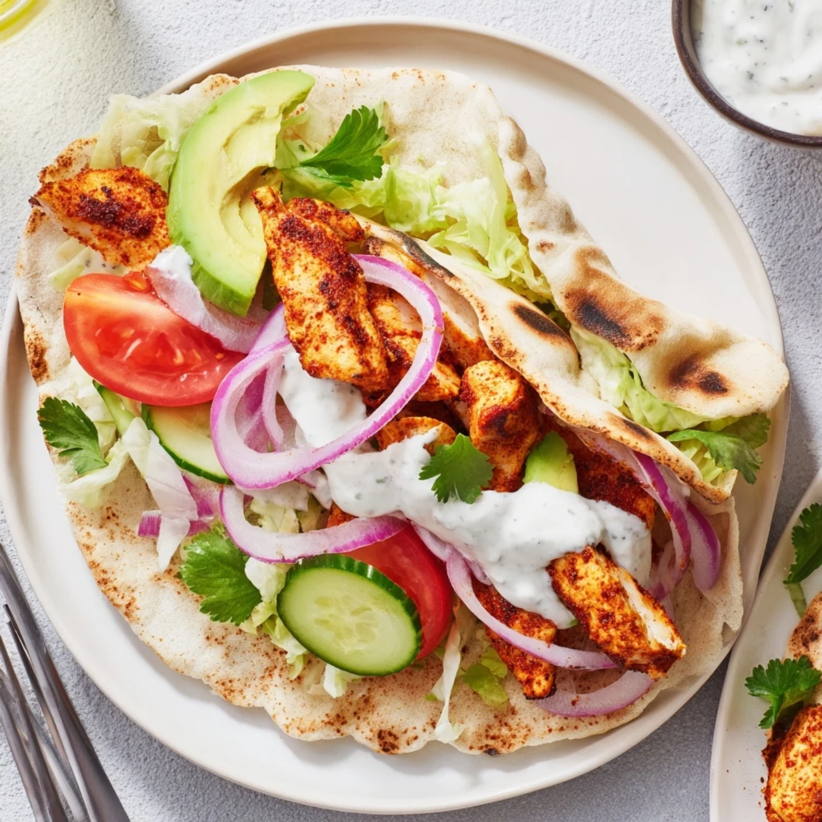 Golden high protein cottage cheese flatbread chicken wrap stuffed with fresh lettuce and sliced avocado