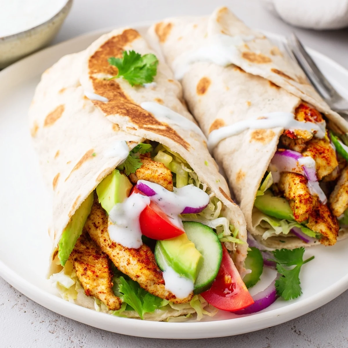 Crispy cottage cheese flatbread wraps filled with spiced grilled chicken and colorful vibrant vegetables