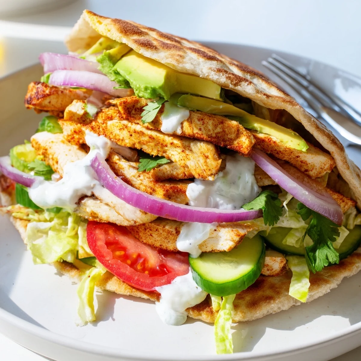 Protein-packed crispy cottage cheese flatbread chicken wraps with juicy tomatoes and crisp red onion