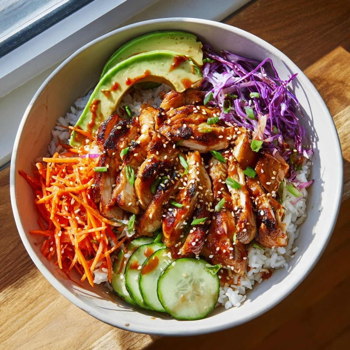 Golden grilled chicken thighs glazed in Korean BBQ sauce atop fluffy white rice with colorful shredded vegetables and spicy gochujang mayo drizzle