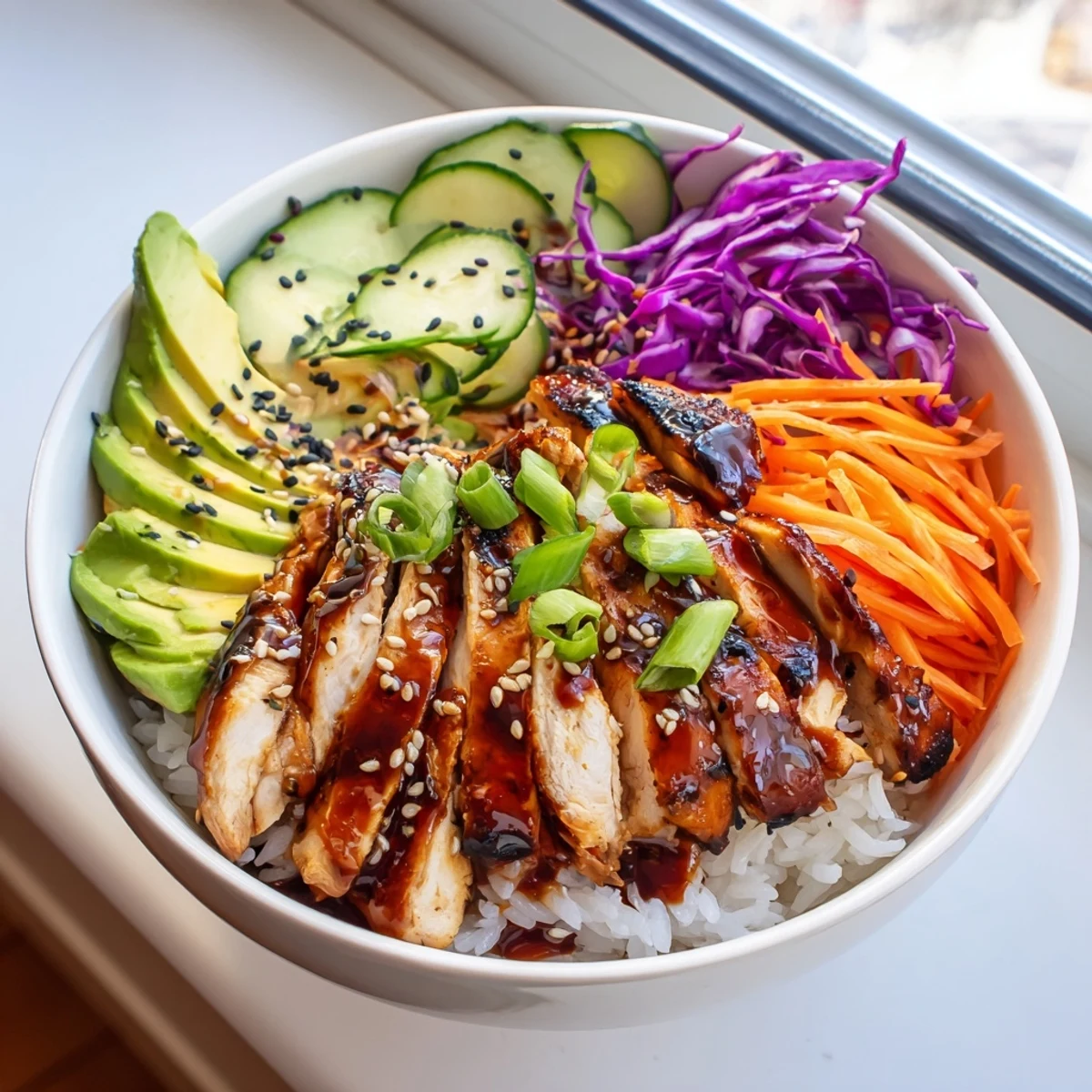 Savory Korean BBQ Chicken Bowl with tender sliced chicken jasmine rice crisp vegetables and zesty gochujang mayo topping garnished with sesame seeds