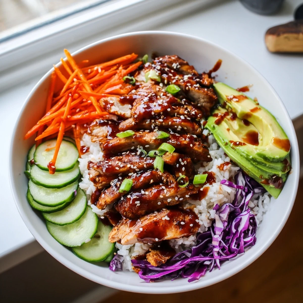 Vibrant Korean BBQ chicken bowl featuring charred glazed meat over rice with fresh cucumber carrots purple cabbage and creamy chili mayonnaise