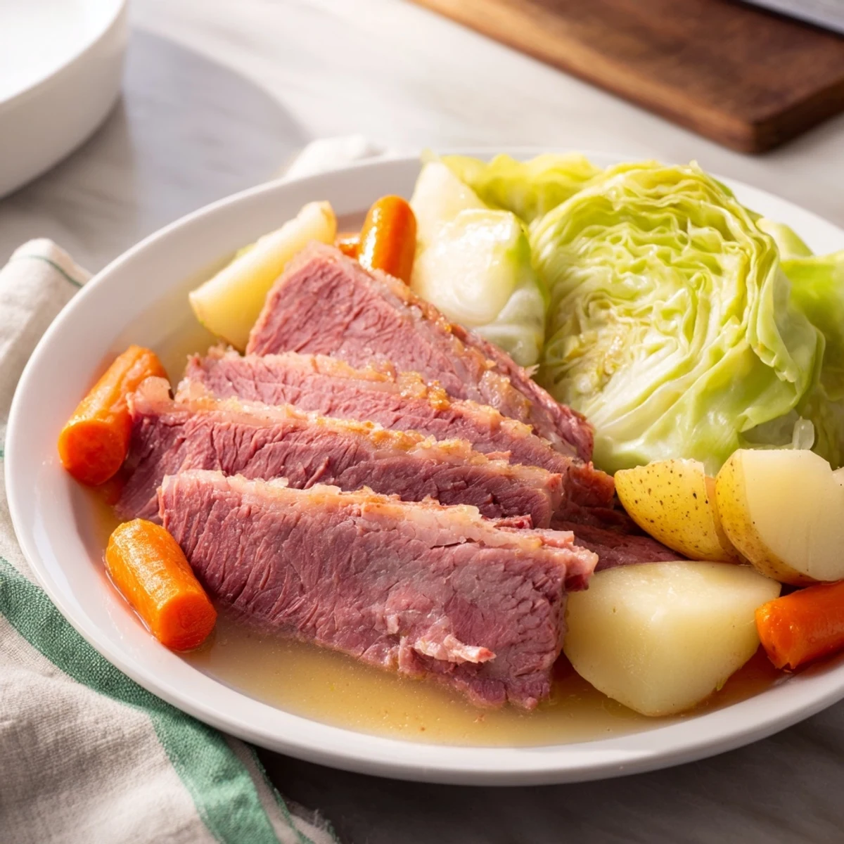 Slow cooker corned beef cabbage with tender sliced brisket nestled beside golden potatoes and carrots