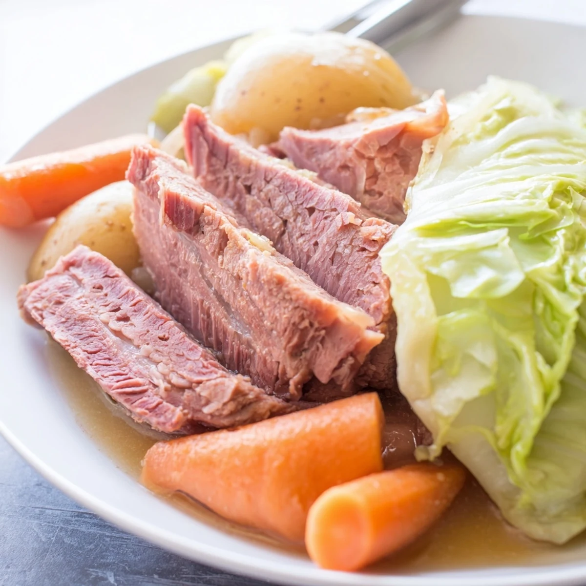 Hearty corned beef and cabbage meal with melt-in-your-mouth meat alongside colorful carrots and potatoes