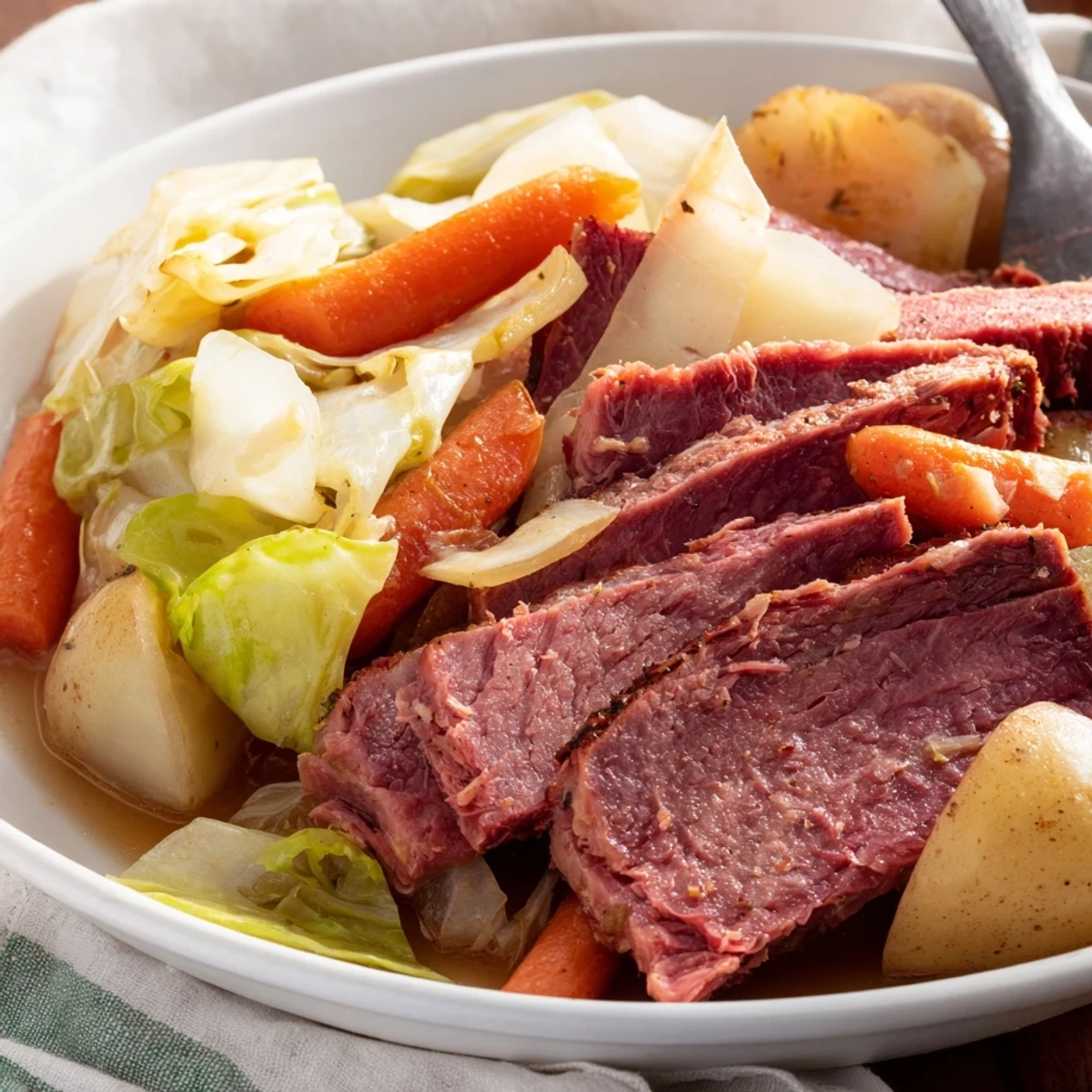 Fork-tender corned beef brisket served over buttery cabbage wedges and root vegetables in rich broth
