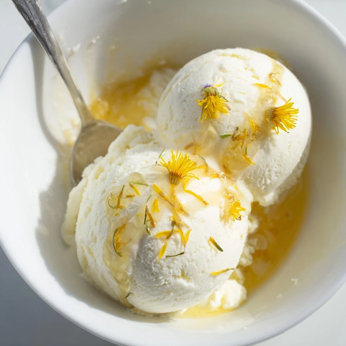 Creamy homemade dandelion honey ice cream scoop topped with golden yellow dandelion petals