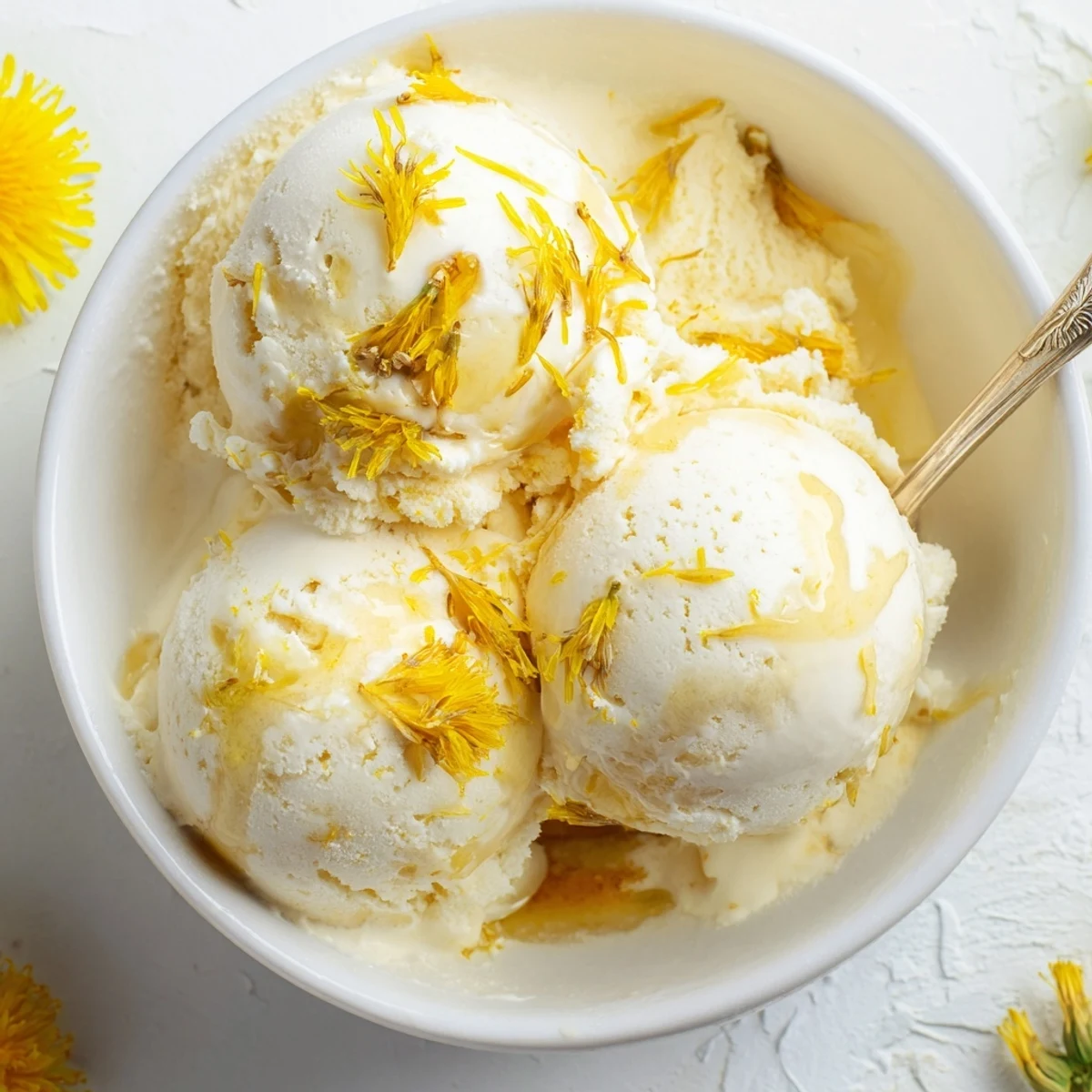 Smooth floral dandelion honey ice cream sprinkled with fresh edible dandelion flowers
