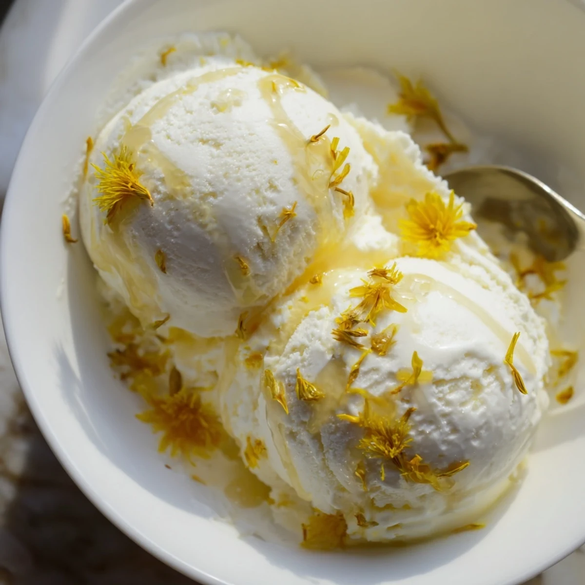 Golden floral dandelion honey ice cream served in a bowl with honey drizzle