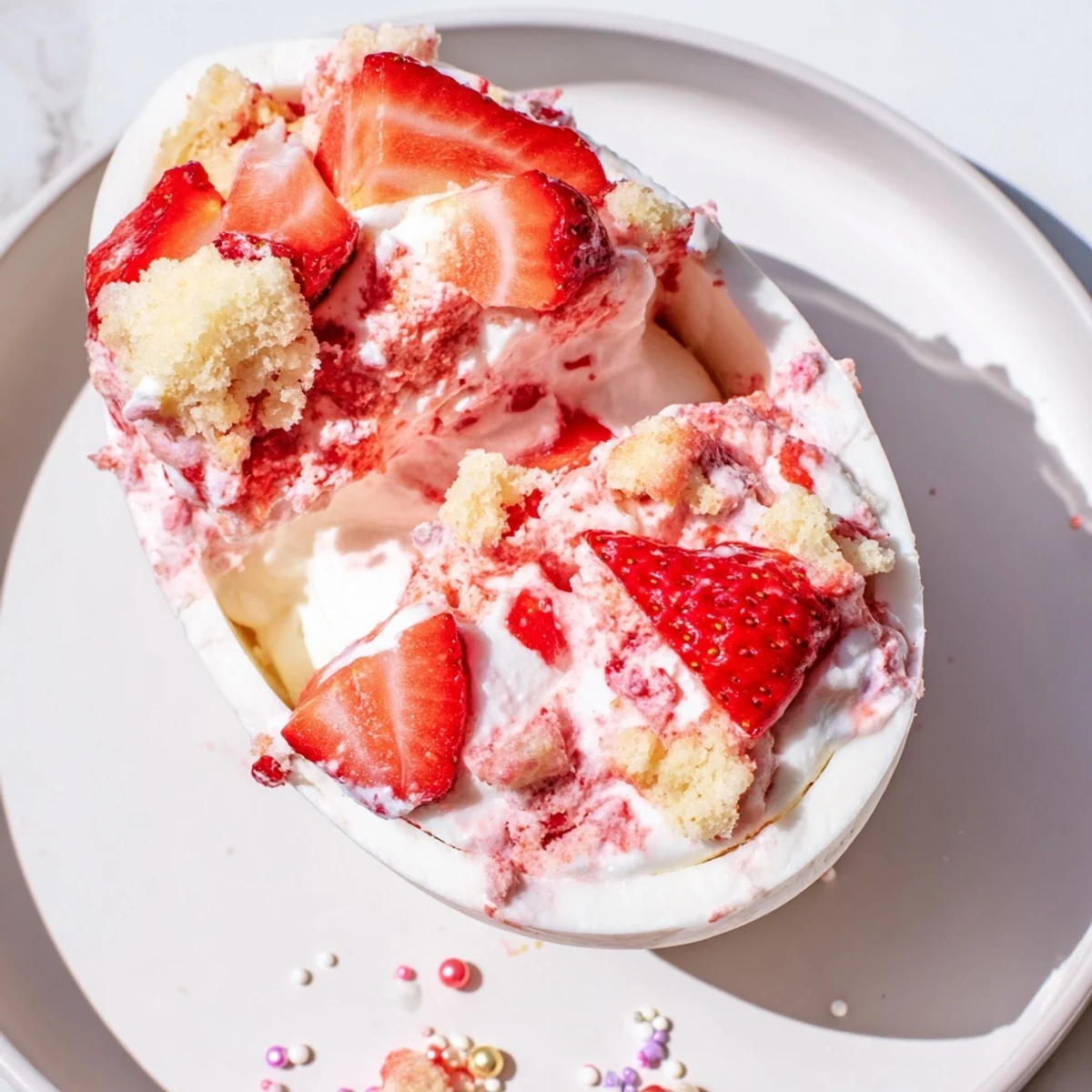 White chocolate Easter egg bombs filled with creamy strawberry shortcake mixture and colorful sprinkles