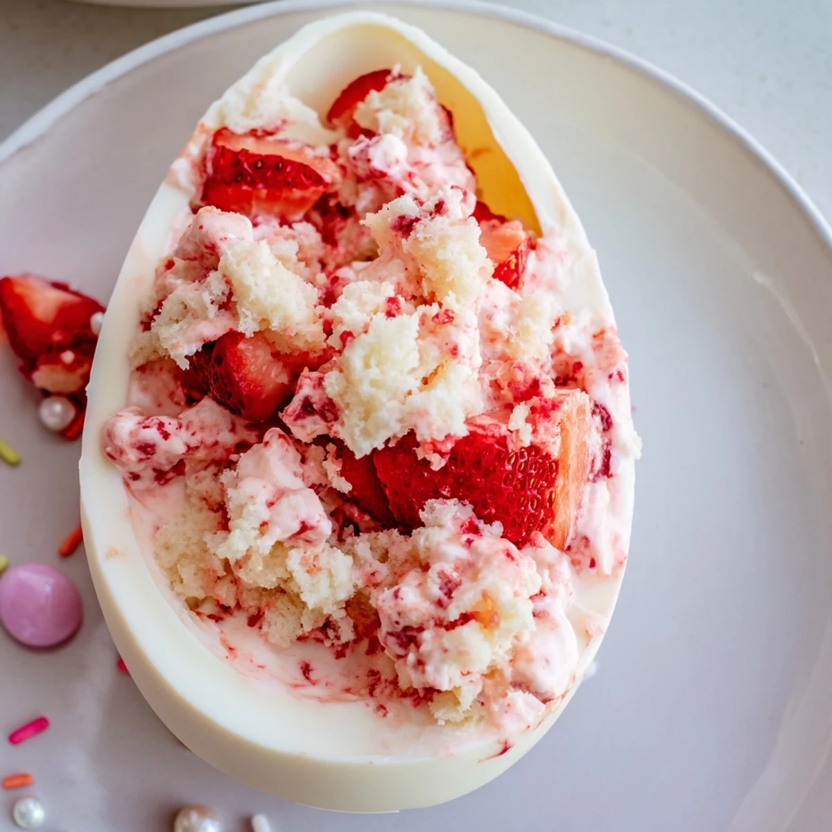Decadent strawberry shortcake Easter egg bombs with sweet berry filling and gold leaf decoration