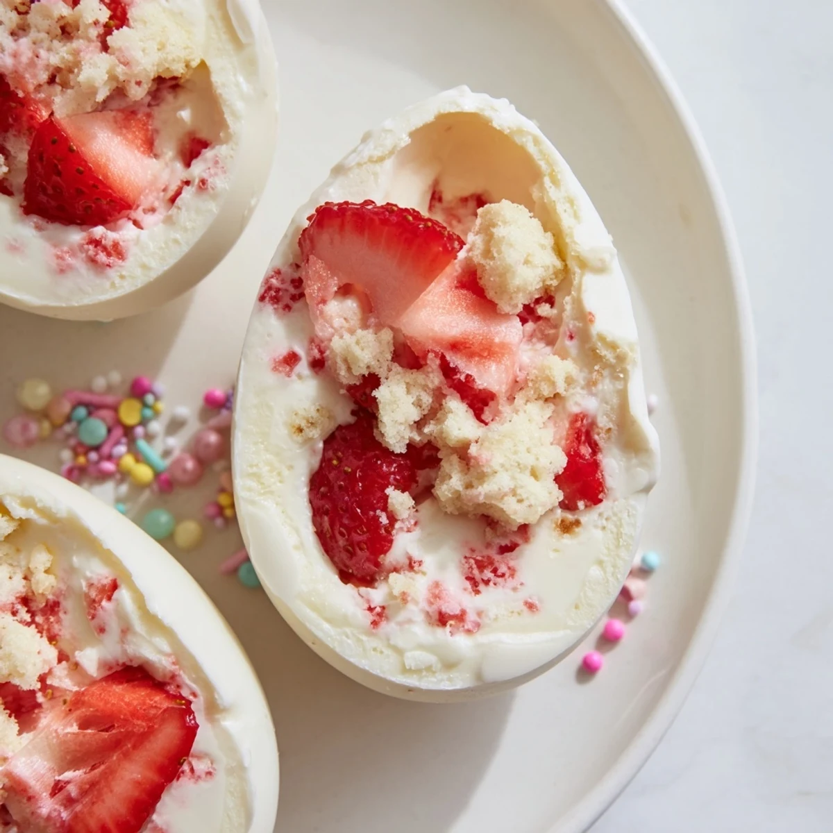 Festive strawberry shortcake Easter egg bombs featuring pastel shells stuffed with fresh strawberry cream