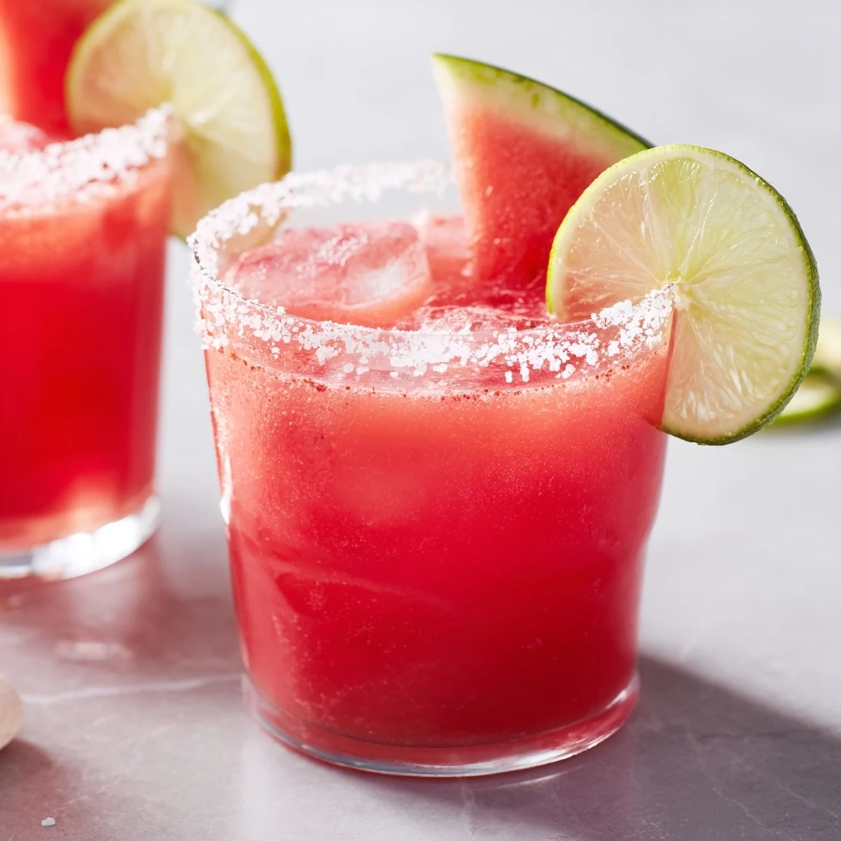 Pink watermelon margarita mocktail in a salt-rimmed glass with fresh lime wedge garnish
