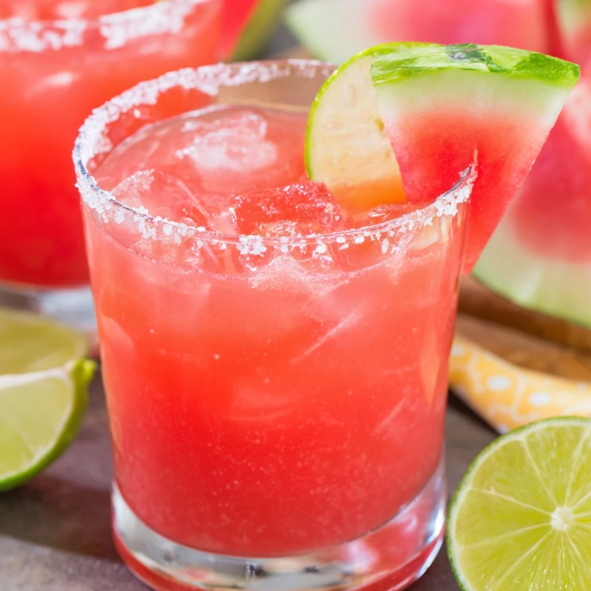 Refreshing watermelon margarita mocktail poured over ice cubes with watermelon slice on glass rim