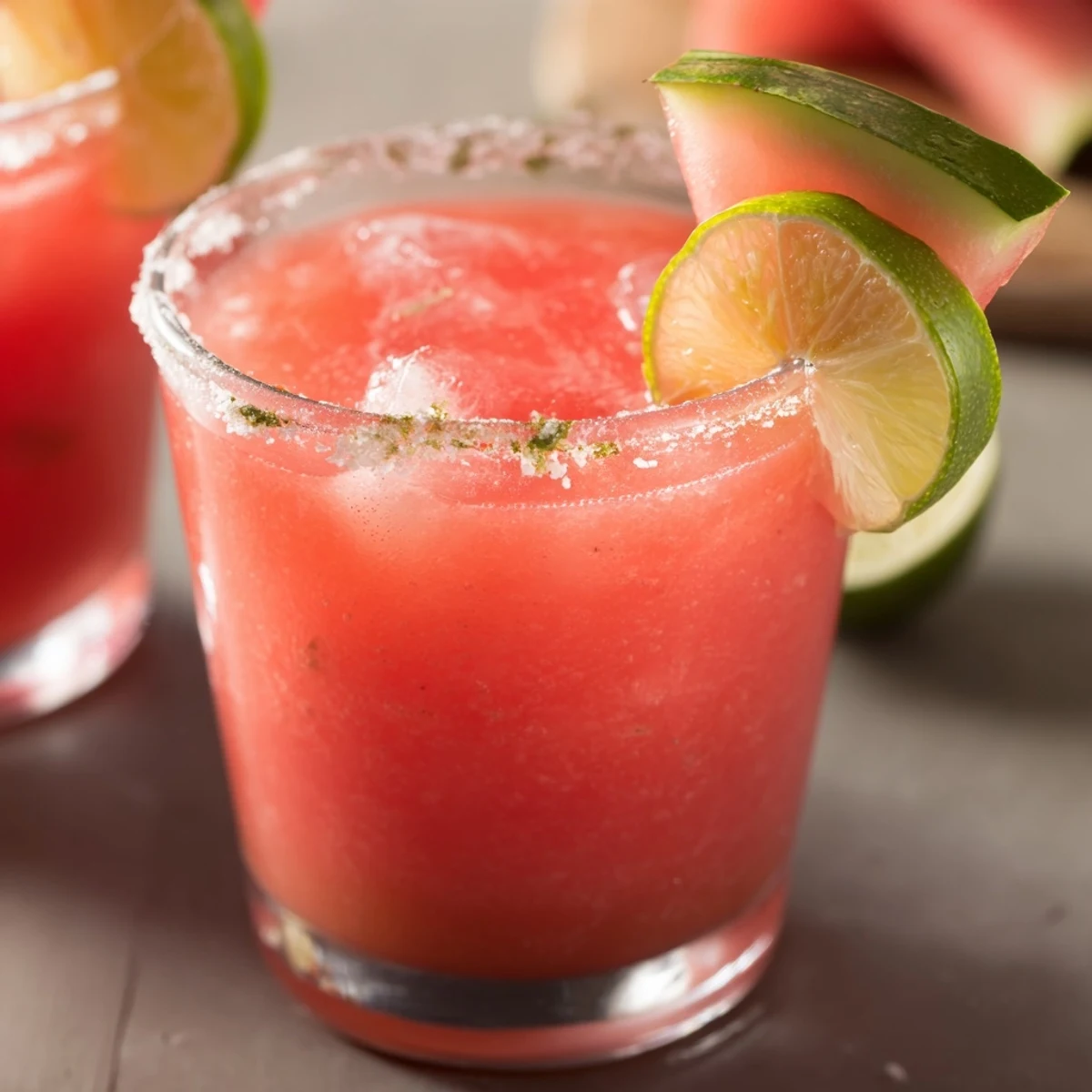 Vibrant blended watermelon margarita mocktail served with lime and fruit garnish on sunny patio table