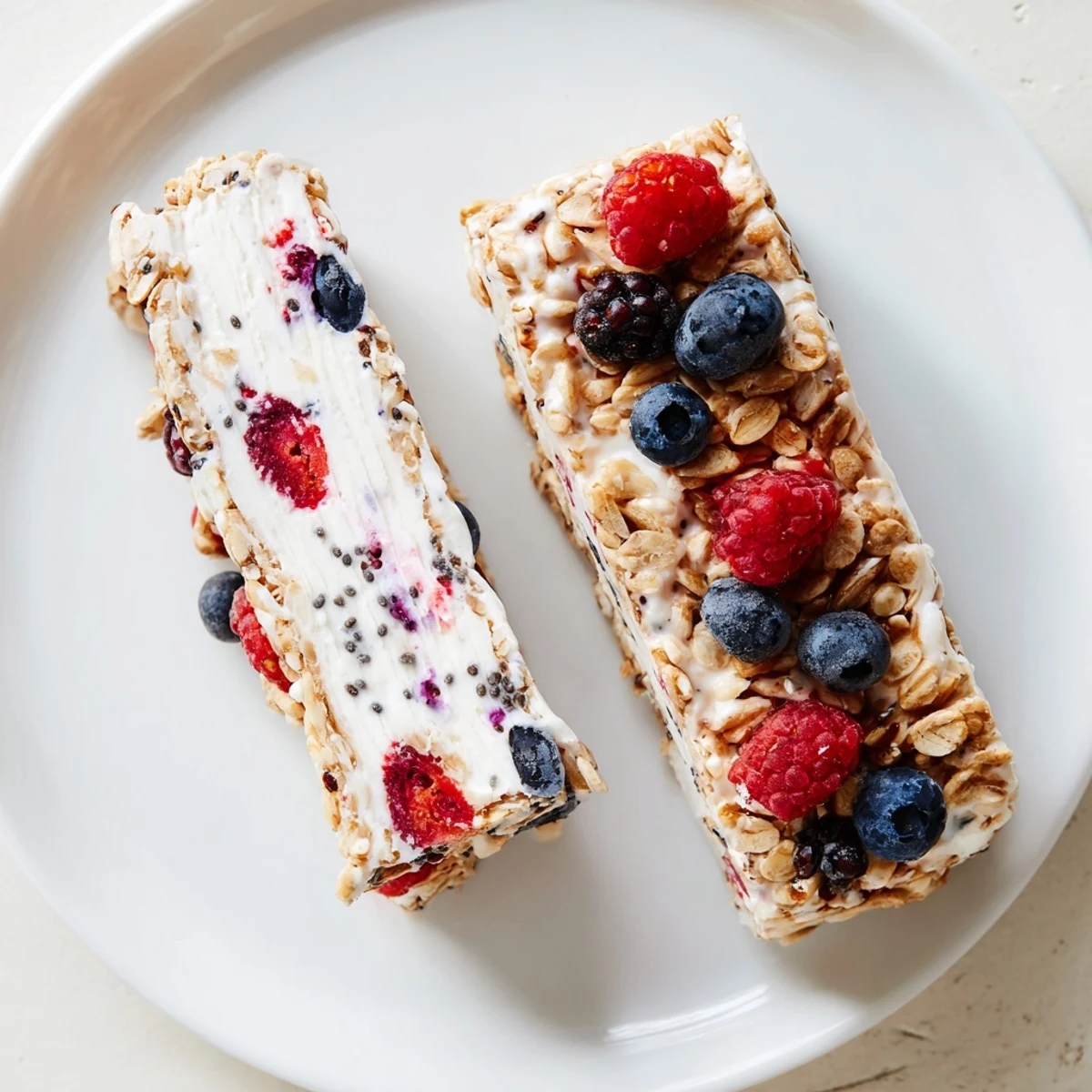 Healthy frozen yogurt berry granola bars featuring crunchy oat base topped with fresh mixed berries and creamy yogurt layer