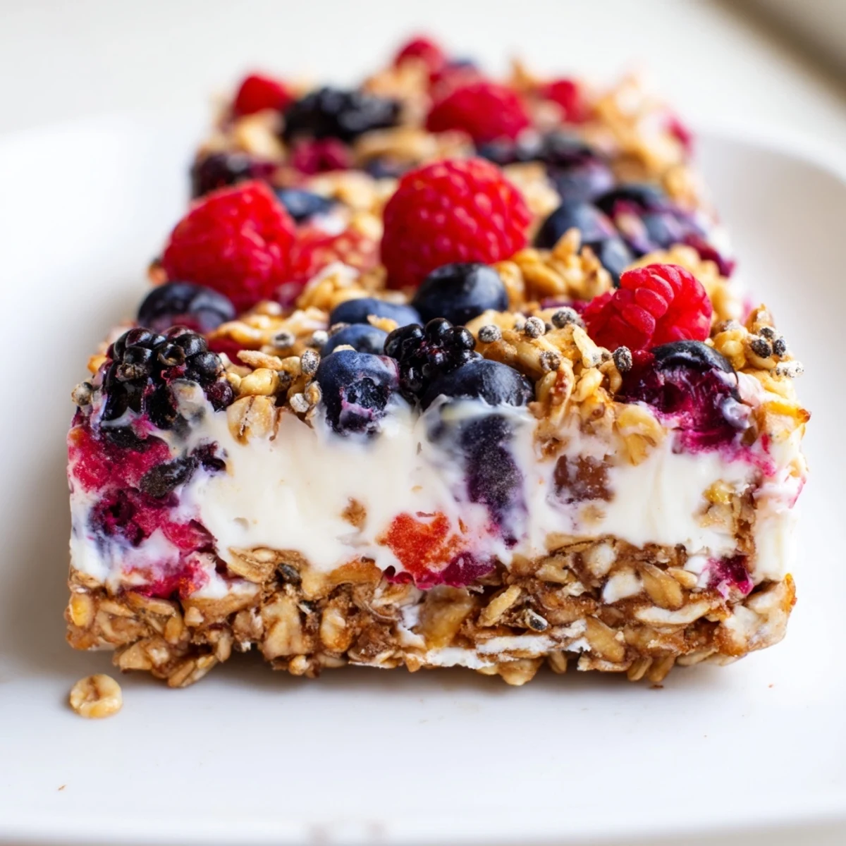Golden no bake frozen yogurt berry granola bars layered with vibrant red and blue berries over creamy white yogurt