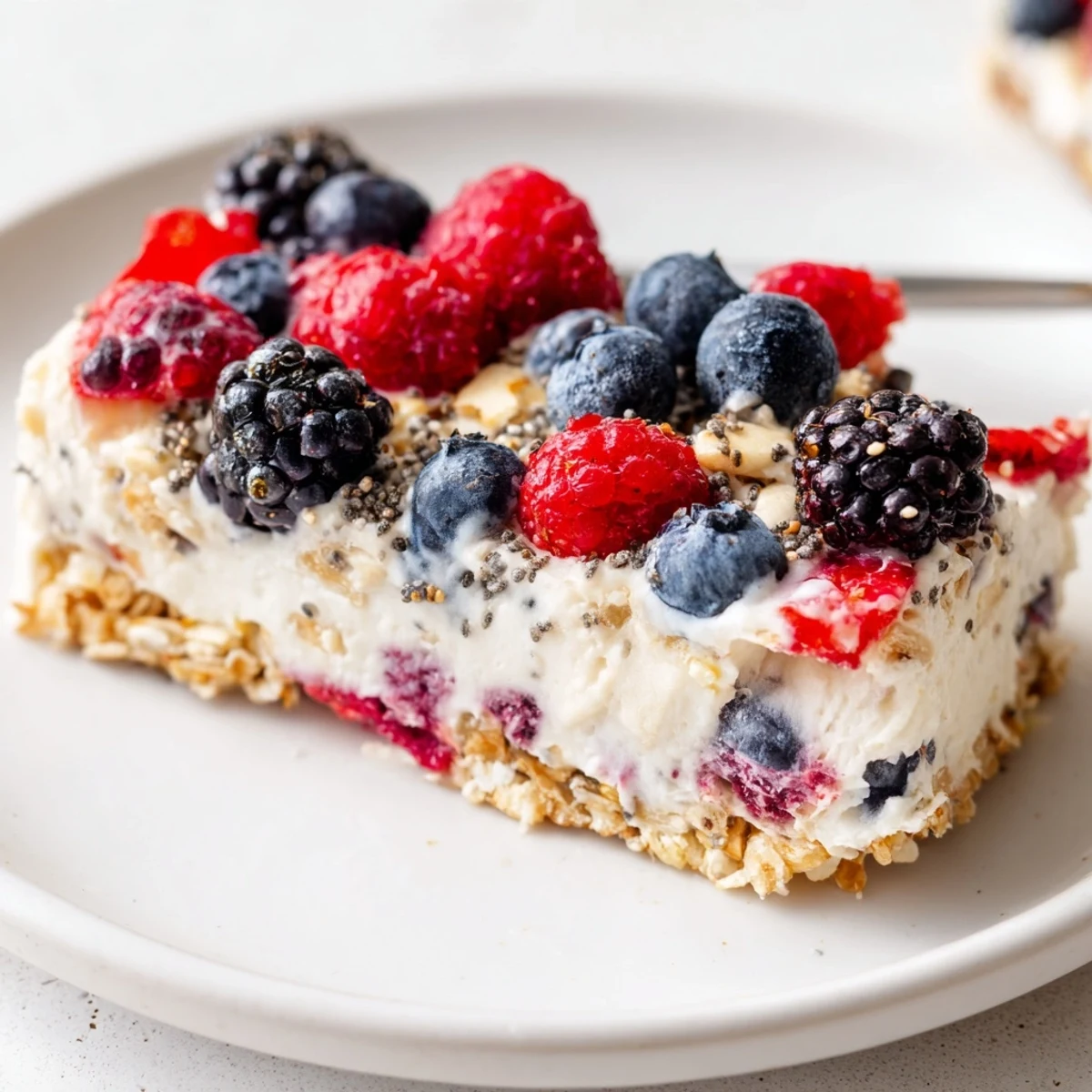 Sliced no bake frozen yogurt berry granola bars on wooden cutting board showing colorful fruit topping and textured granola crust