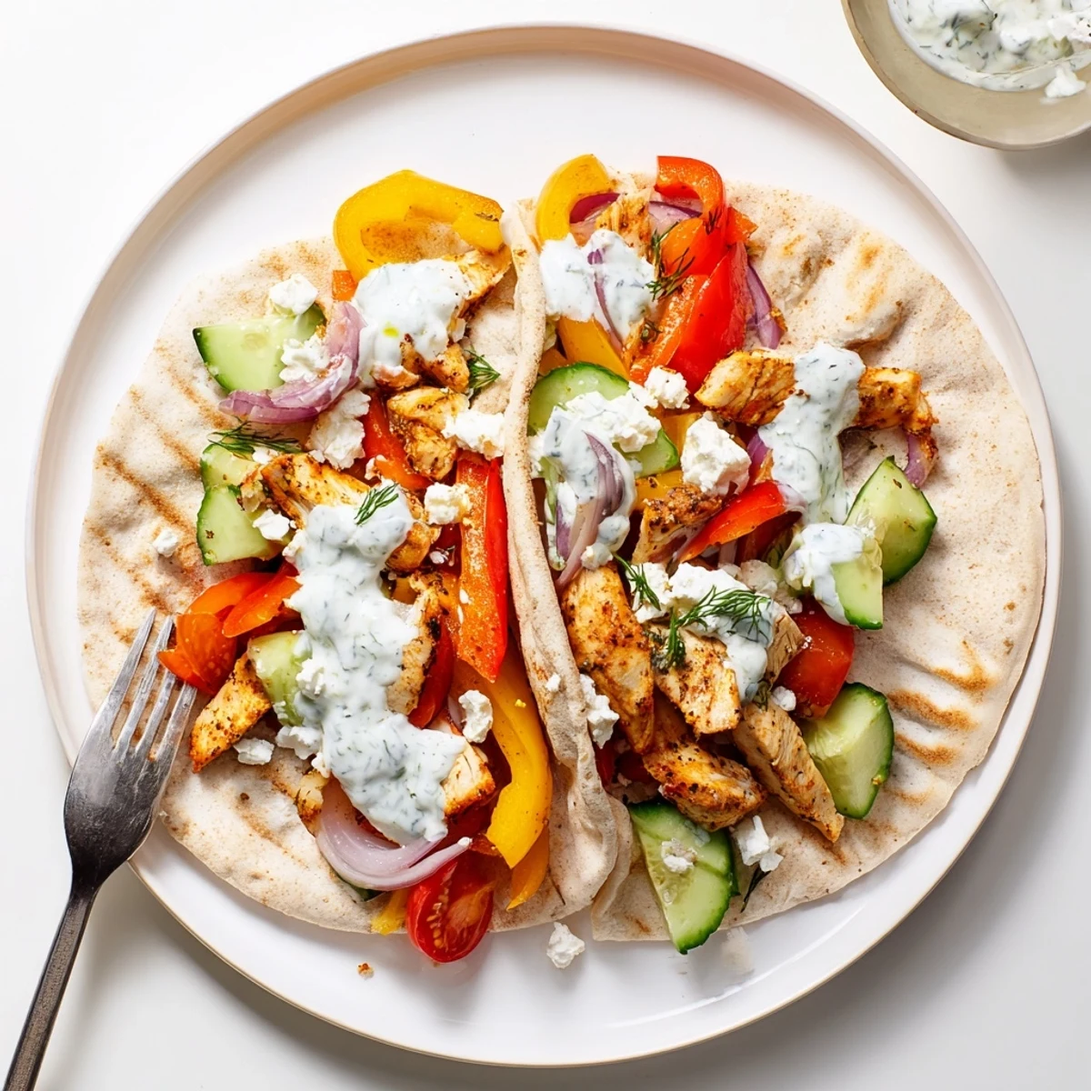 Golden sheet pan chicken pitas stuffed with roasted peppers and creamy herby ranch sauce