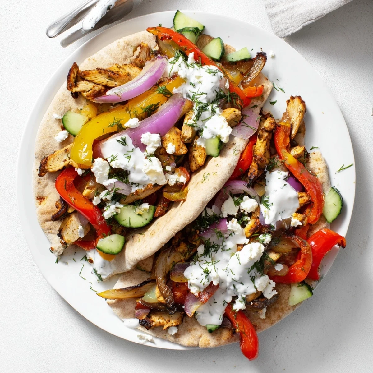 Warm pita bread piled high with spiced chicken vegetables and tangy herb ranch dressing