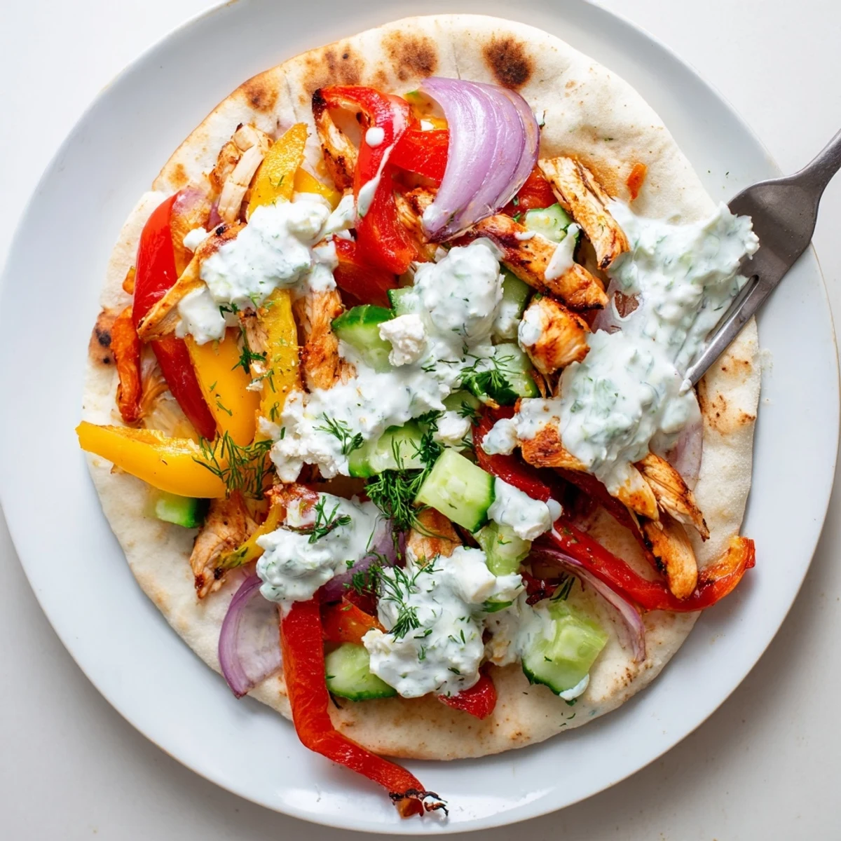 Roasted chicken and colorful bell peppers nestled in soft pitas topped with fresh ranch