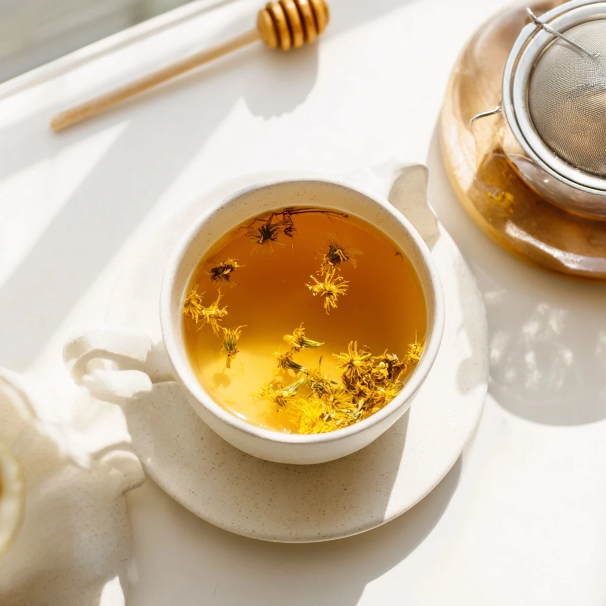 Warm cup of earthy dandelion tea infusion garnished with honey drizzle and edible flowers