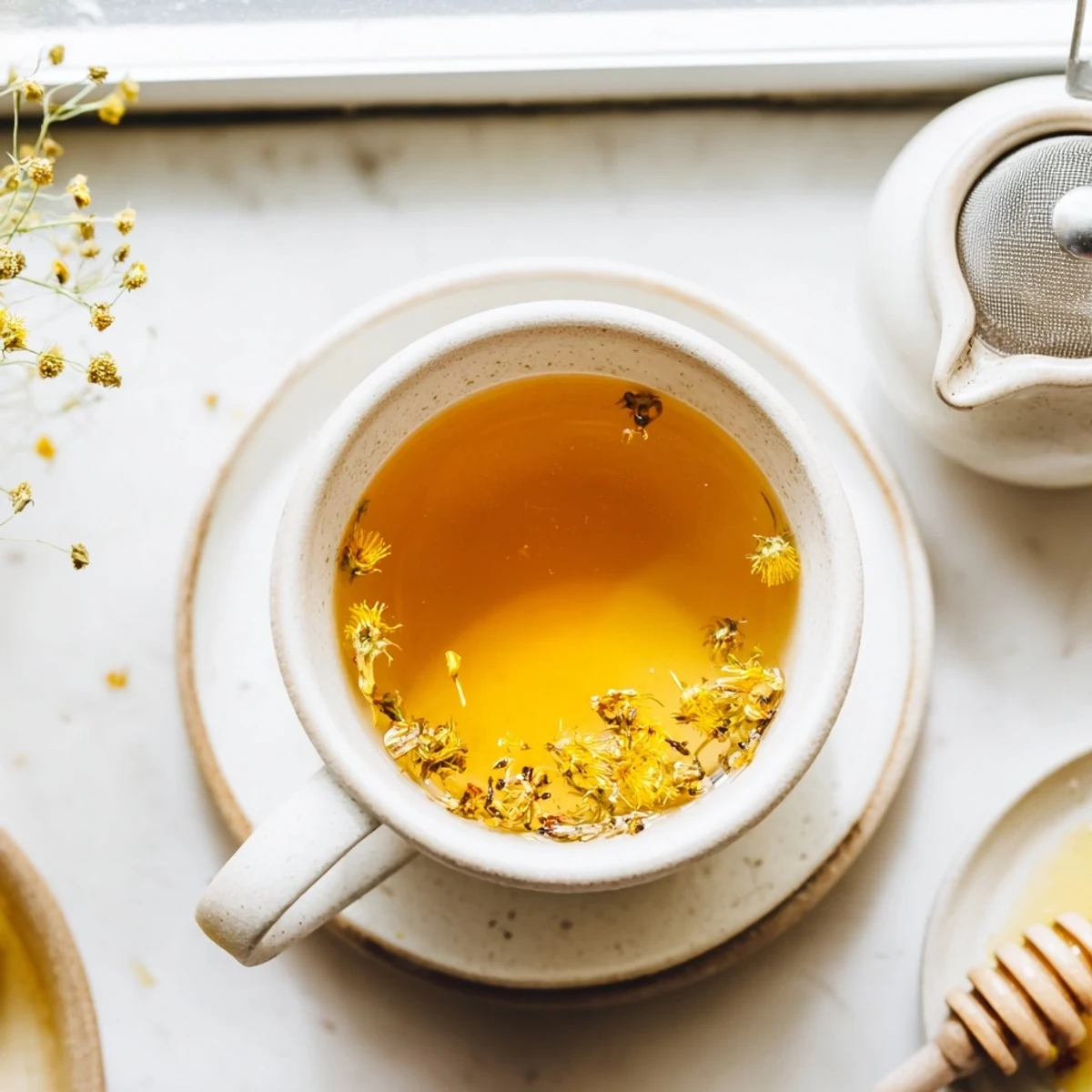 Clear glass displaying amber dandelion tea beverage with floating petals and fresh dandelion greens