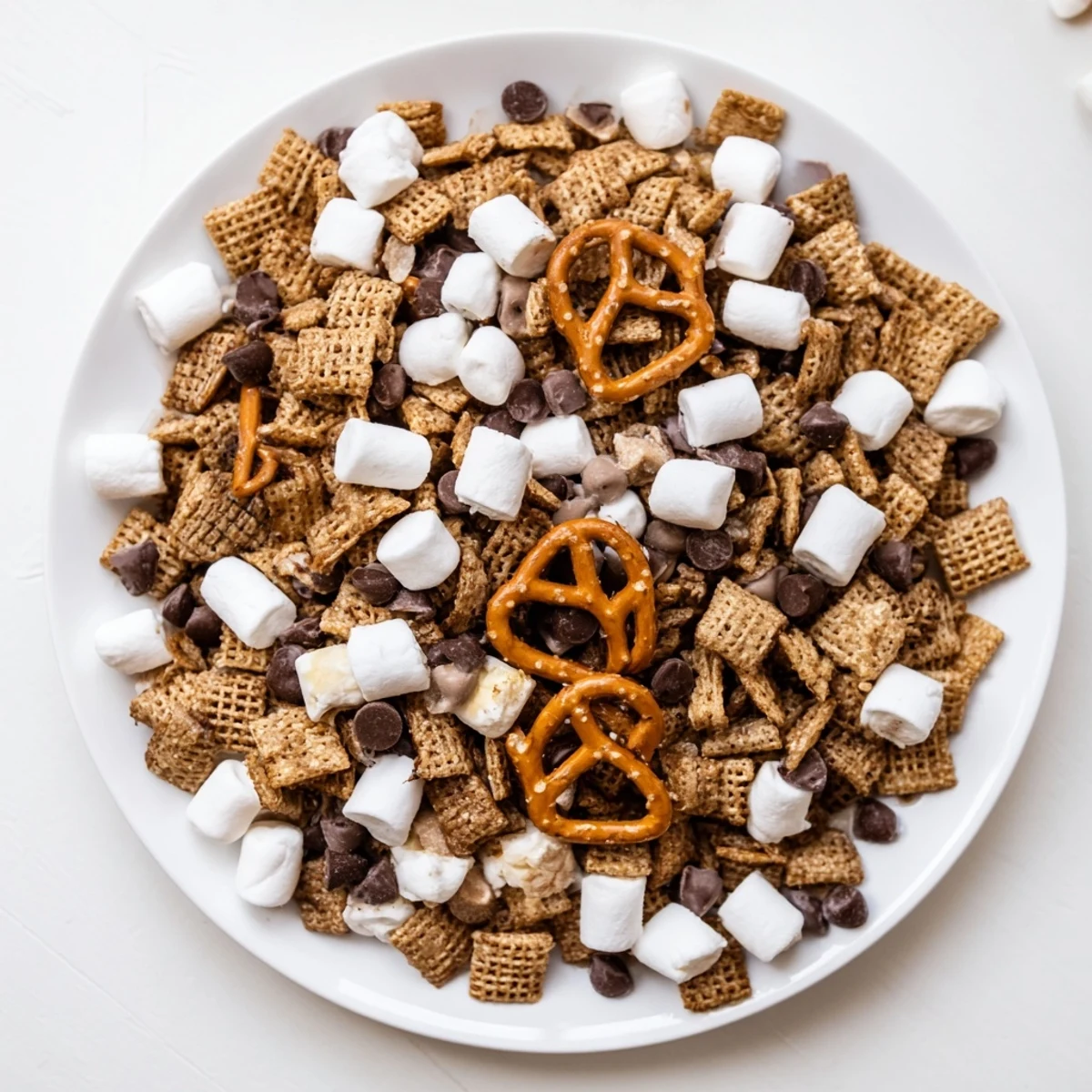 Golden bowl filled with s'mores snack mix featuring graham cereal, marshmallows, pretzels, and melted chocolate