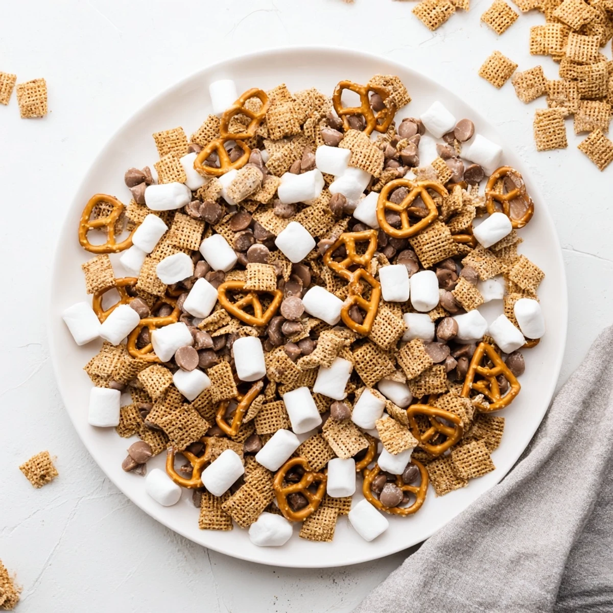 Colorful s'mores snack mix recipe displayed in rustic white bowl with chocolate drizzle on top