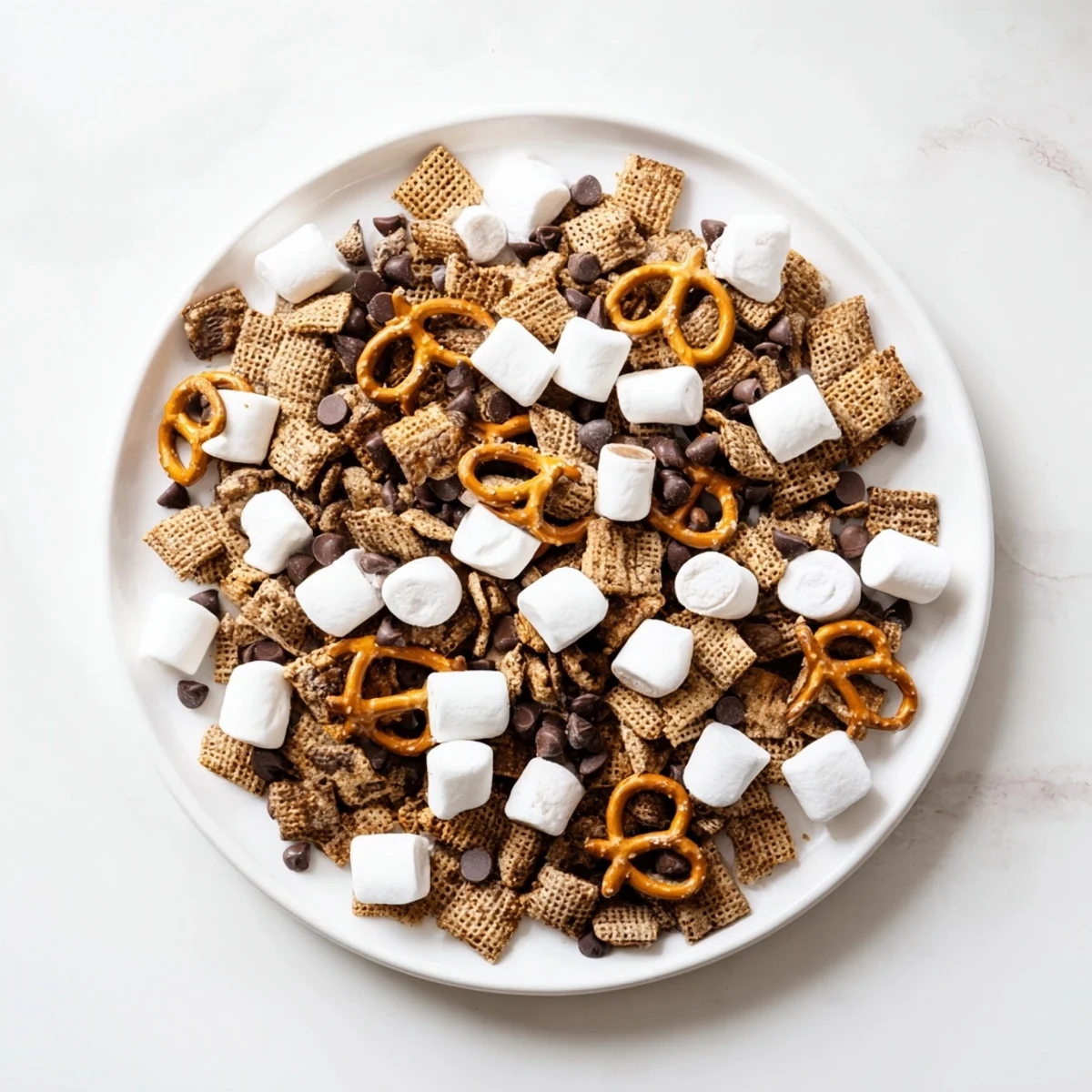 Close-up of crunchy s'mores snack mix with mini marshmallows, chocolate chips, and salty pretzels combined