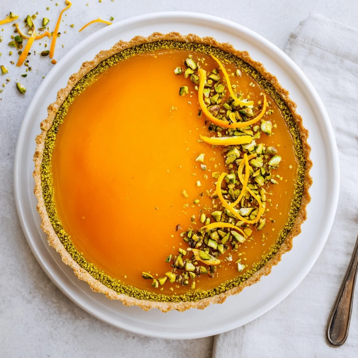 Elegant orange cardamom tart with creamy citrus filling nestled in a crunchy pistachio crust garnished with chopped nuts and fresh orange zest