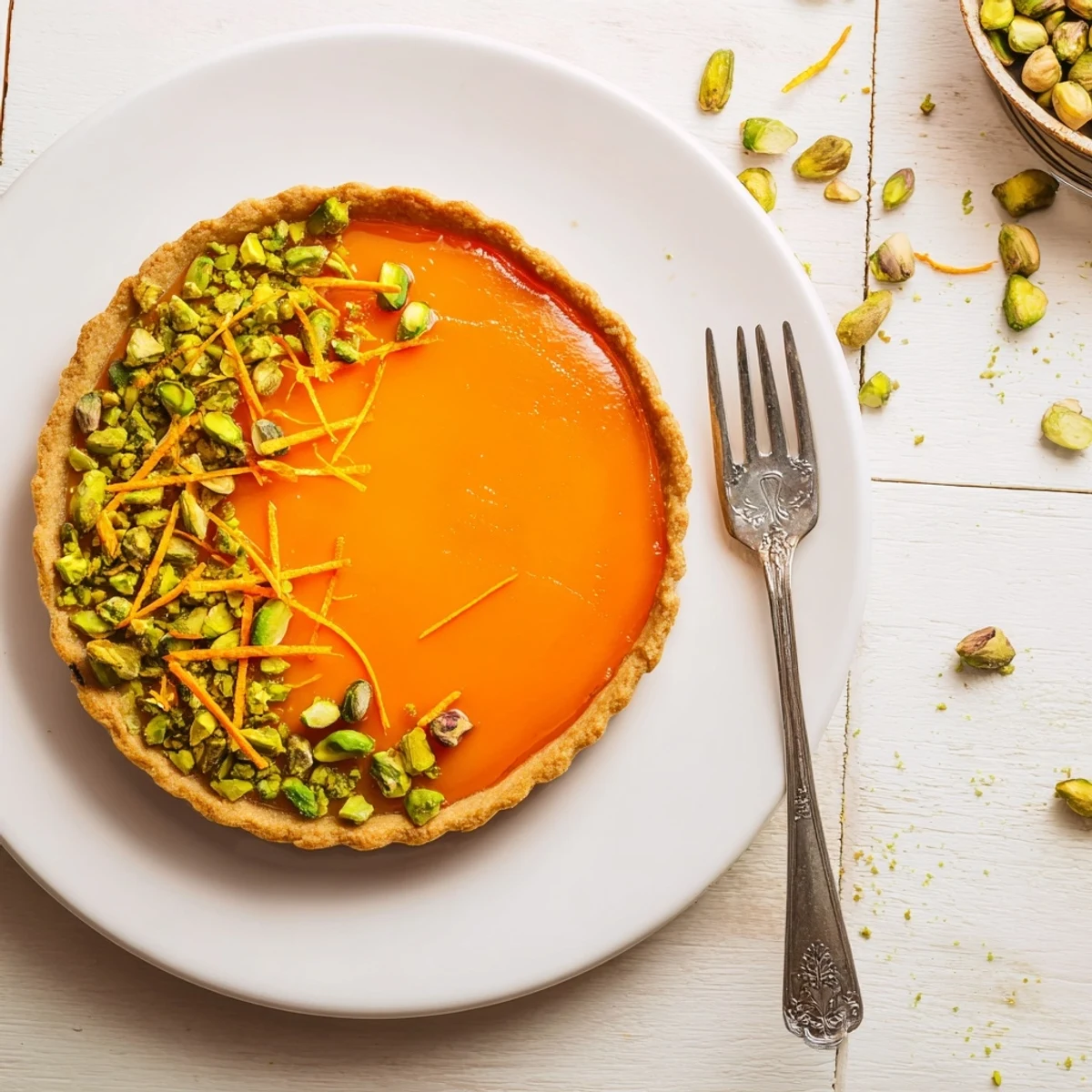 Golden pistachio crust holding vibrant orange cardamom custard finished with scattered green pistachios and bright citrus peel strips on a white serving plate