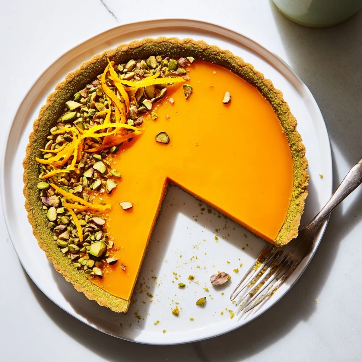 Slice of fragrant orange cardamom tart displaying smooth textured filling and nutty baked crust topped with pistachio pieces and curled orange zest