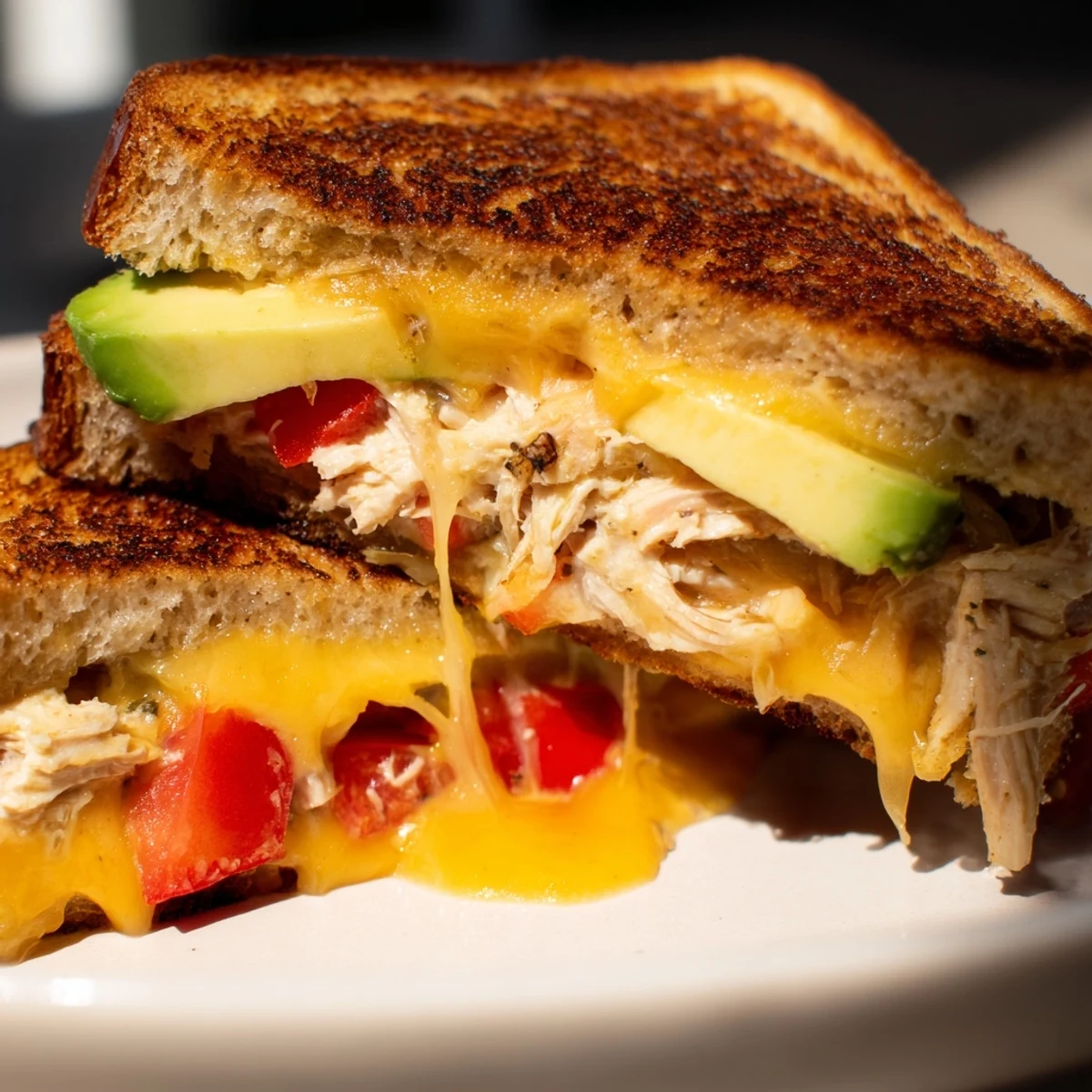 Golden brown chicken avocado melt sandwich with melted cheese and fresh tomato slices
