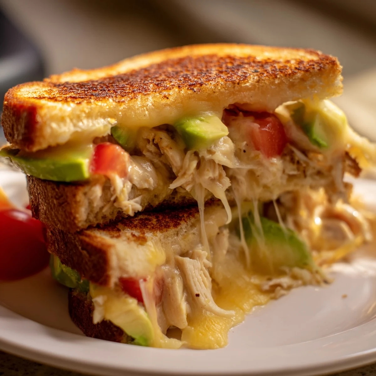 Sliced chicken avocado melt sandwich on plate with crisp lettuce and melted cheese