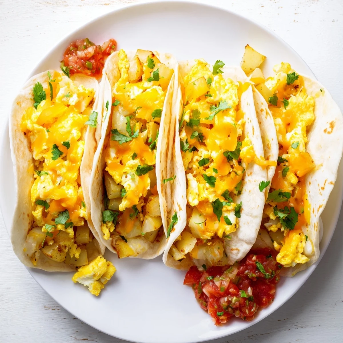 Crispy potato and egg breakfast tacos topped with fresh cilantro and savory melted cheese for a hearty morning