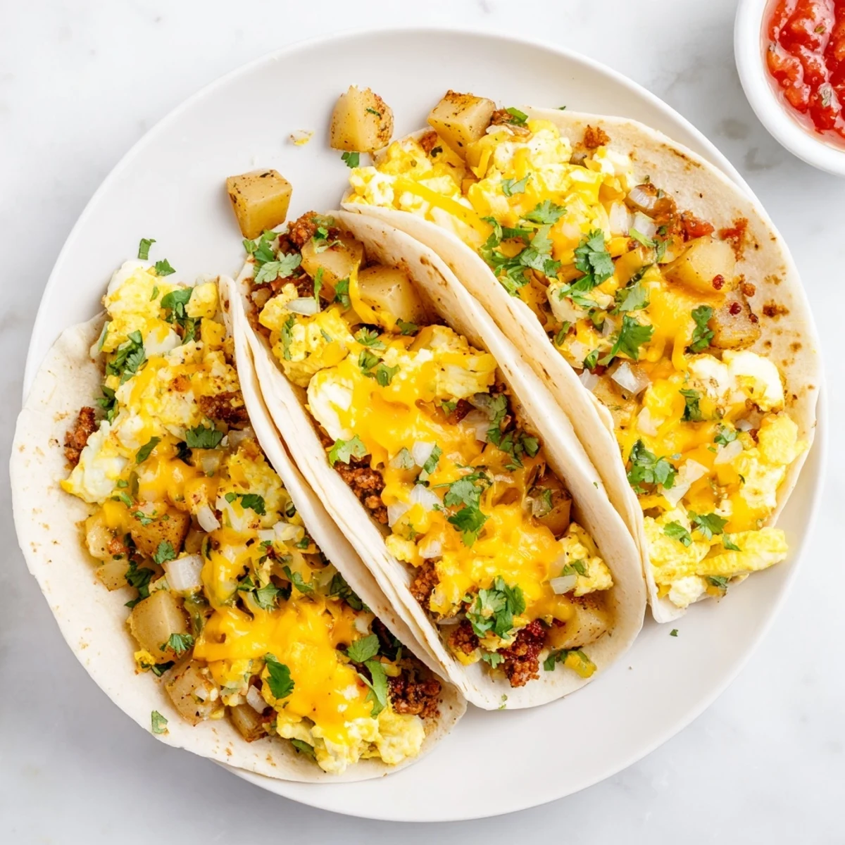 Golden potato egg cheese breakfast tacos filled with fluffy scrambled eggs and melted cheddar in warm tortillas