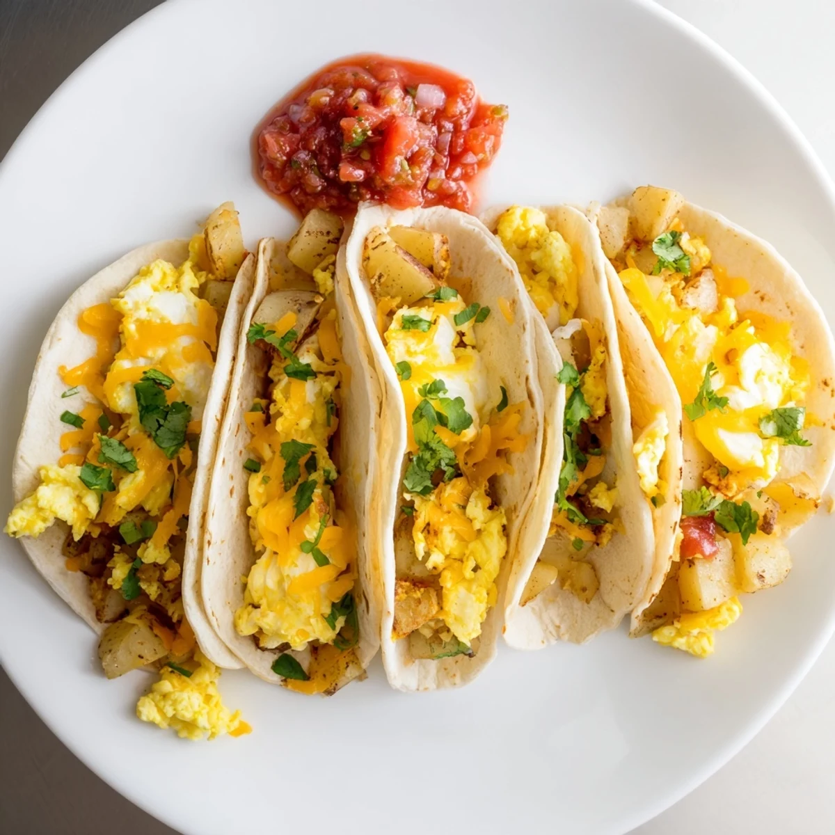 Flour tortillas stuffed with cheesy scrambled eggs and golden potatoes in these delicious Tex-Mex breakfast tacos