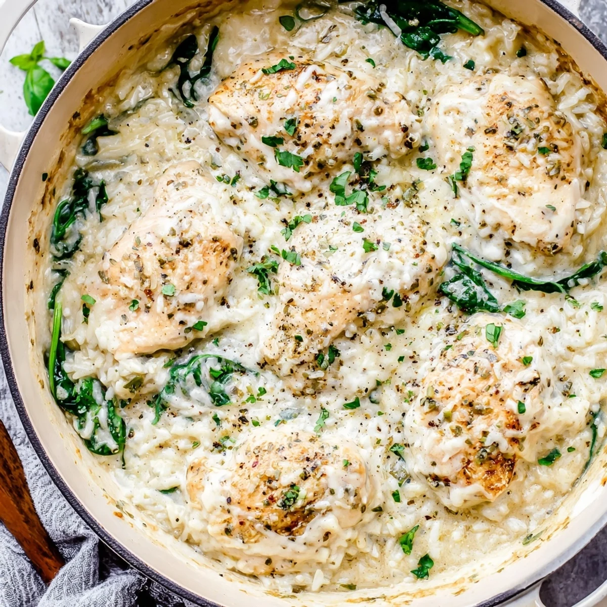 Golden chicken breasts nestled in creamy Parmesan rice, topped with fresh parsley in a Dutch oven