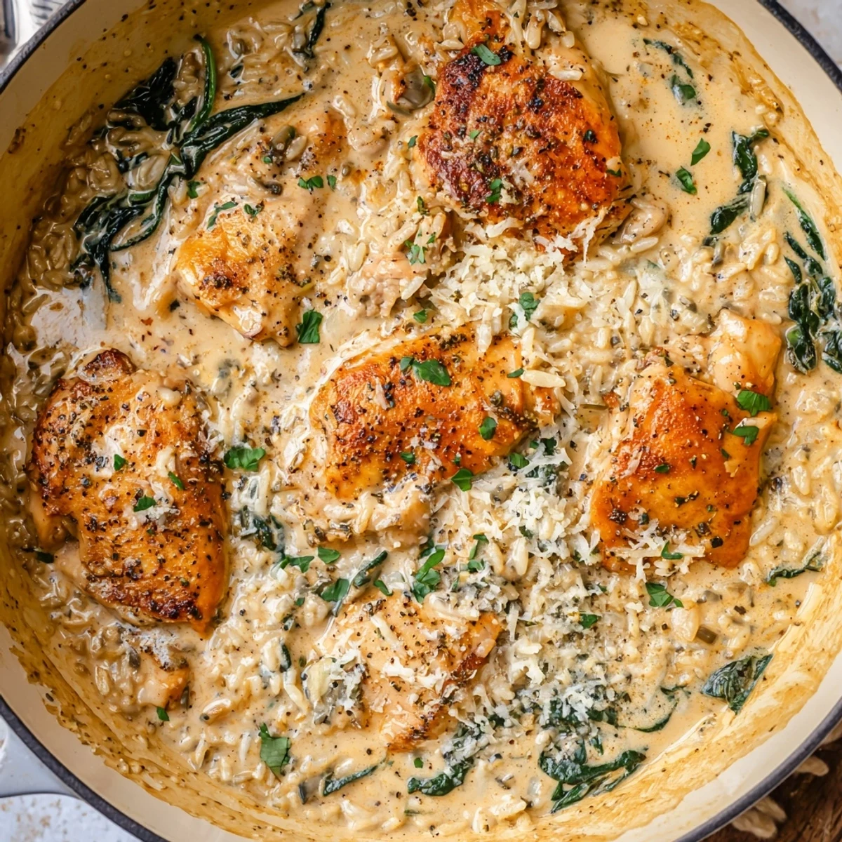 Creamy one pot angel chicken rice bake with tender poultry and rich sauce bubbling in the oven