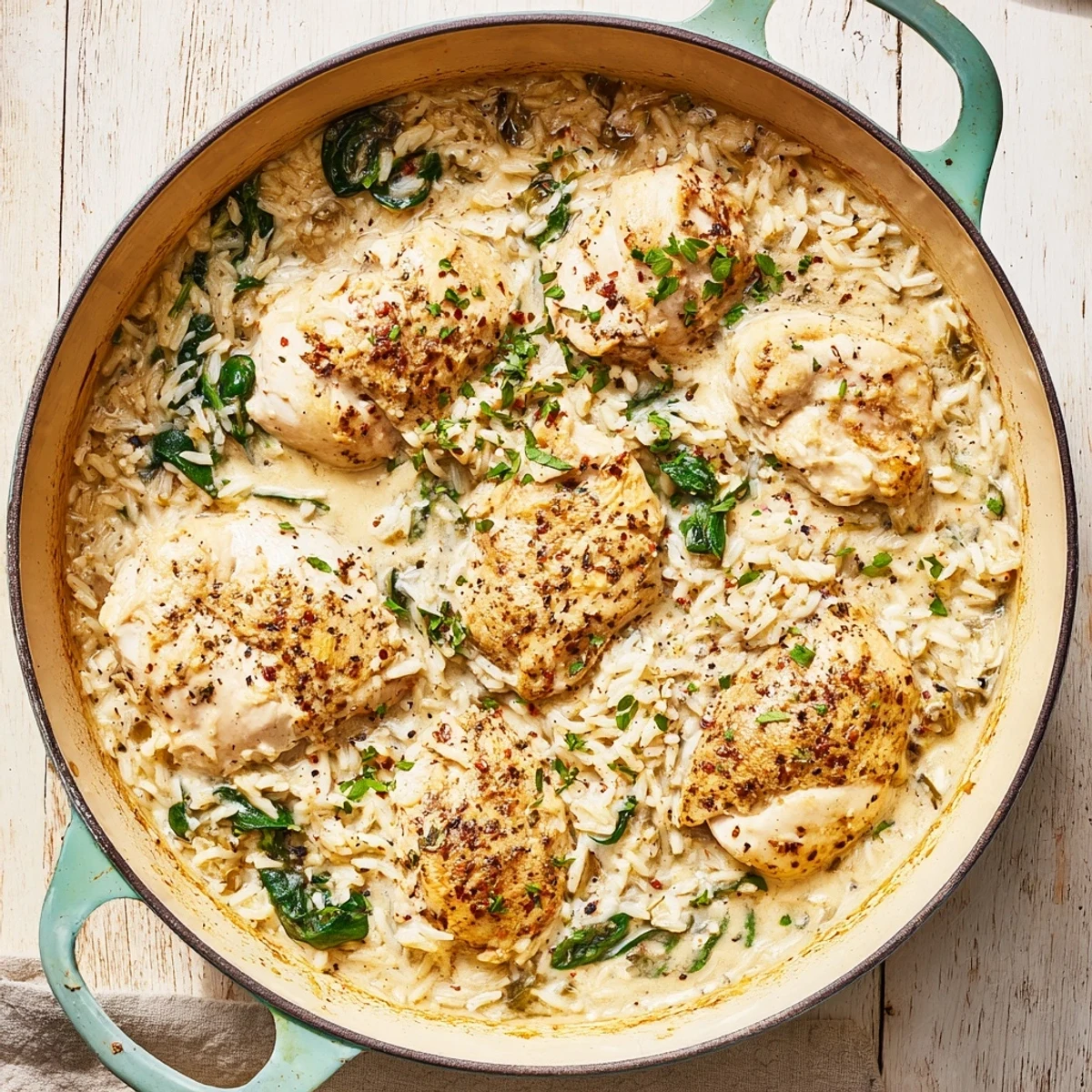 Savory chicken and rice casserole sprinkled with paprika and garnished with chopped parsley for a comforting dinner