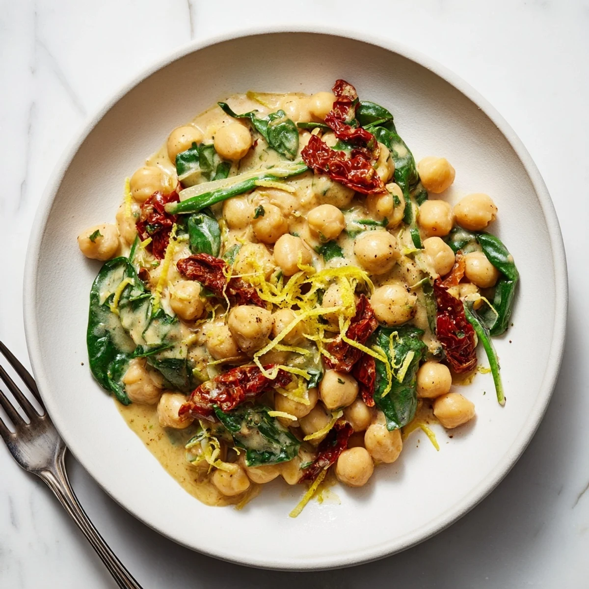 Creamy Marry Me Chickpeas simmered with sun-dried tomatoes, spinach, and aromatic herbs in a rich sauce