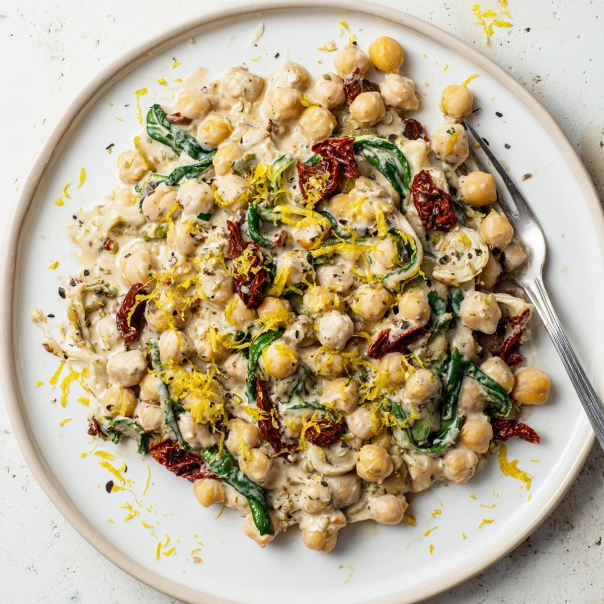 Golden chickpeas coated in velvety Marry Me Chickpeas sauce with sun-dried tomatoes and fresh basil garnish
