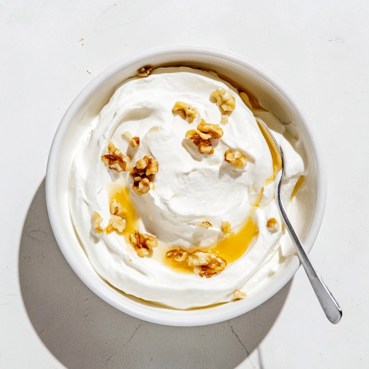 Homemade Greek yogurt straining through cheesecloth into bowl for extra thick texture