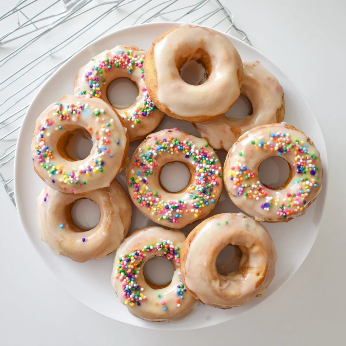 Golden baked Greek yogurt cake donuts glazed with vanilla icing on a wire rack