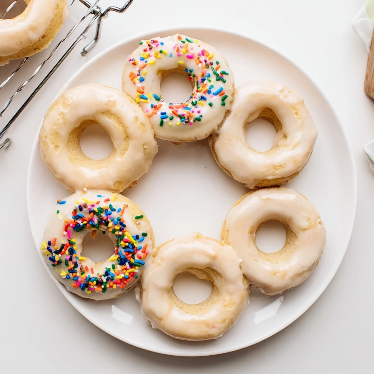 Batch of moist Greek yogurt cake donuts topped with sweet vanilla glaze and sprinkles