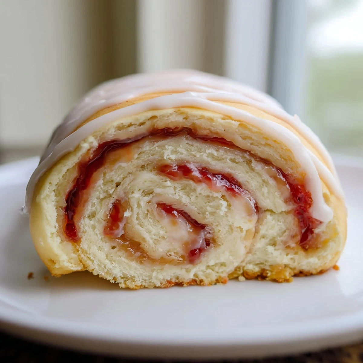 Golden Strawberry Shortcake Cheesecake Rolls drizzled with sweet vanilla glaze on a white plate